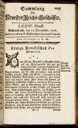 LXXIV. Stuck. Schwabach, den 30. December, 1756.