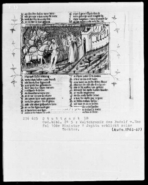 Weltchronik des Rudolf von Ems — Jephta erblickt seine Tochter, Folio 106verso