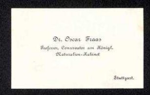 Visitenkarte von Oskar Fraas mit Notiz