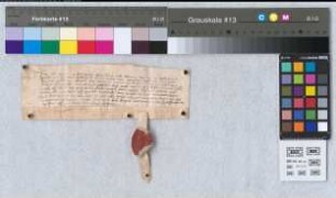 Quittung Herrn Peters up der Heyden für den Grafen Gerhard "van unser liever vrouwen wegen" über 50 oberländische Gulden, ausgezahlt durch Heydenrich Hunt. Original mit "unser liever vrouwen" Siegel, beschädigt (Marienheide? vgl. Urk. 3401)