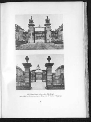 Oben: Haupteingang an der vorderen Schloßstraße / Unten: Blick aus den Anlagen auf den Eingang an der hinteren Schloßstraße