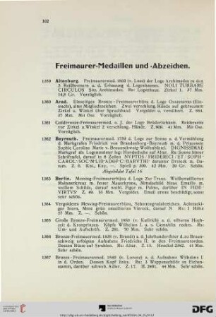 Freimaurer-Medaillen und –Abzeichen (Nr. 1359-1439)