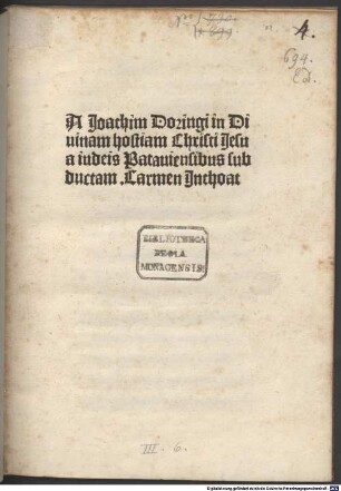 In divinam hostiam Christi Jesu a Judaeis Pataviensibus subductam carmen