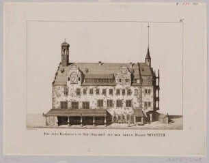 Das älteste Altstädter Rathaus an der Nordseite des Altmarktes in Dresden im Zustand von 1332 (1707 abgerissen), aus den Abbildungen zur Chronik Dresdens von 1835