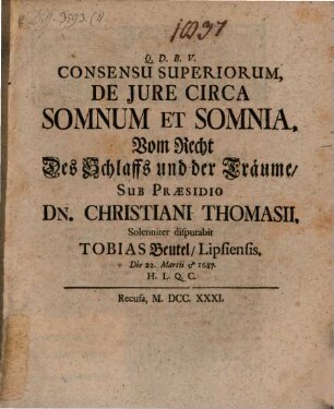 De iure circa somnum et somnia, Vom Recht des Schlaffs und der Träume