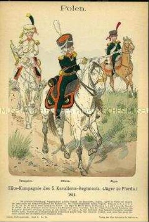 Uniformdarstellung, Trompeter, Offizier und Gemeiner der Elite-Kompanie des 5. Kavallerie-Regiments, Polen, 1812.