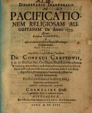 Diss. inaug. ad pacificationem religiosam August. de a. 1555