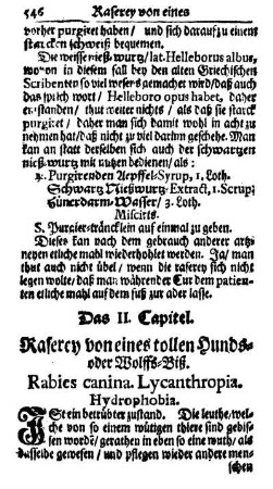 Das II. Capitel. Raserey von eines tollen Hunds- oder Wolffs-Biß. Rabies canina. Lycanthropia. Hydrophobia.