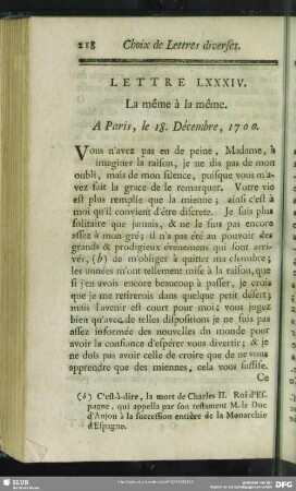 Lettre LXXXIV. La même à la même. A Paris, le 18. Décembre, 1700