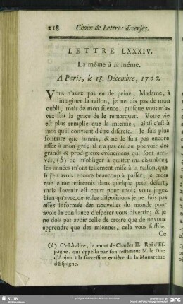 Lettre LXXXIV. La même à la même. A Paris, le 18. Décembre, 1700