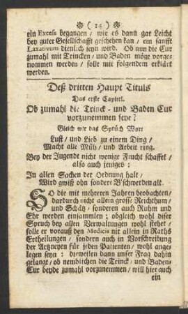 Das erste Capitel. Ob zumahl die Trinck- und Baden Cur vorzunemmen seye?