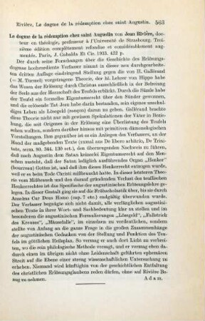 563 [Rezension] Rivière, Jean, Le Dogme de la rédemption chez Saint Augustin