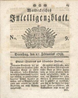 No. 9, Dienstag, den 27. Feburarius 1798