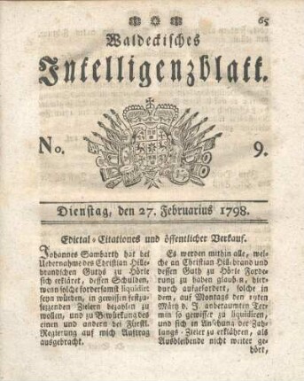 No. 9, Dienstag, den 27. Feburarius 1798