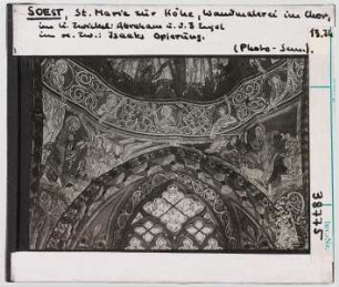 Soest, St. Maria zur Höhe, Wandmalerei im Chor, linker Zwickel, Abraham und die drei Engel und Isaaks Opferung