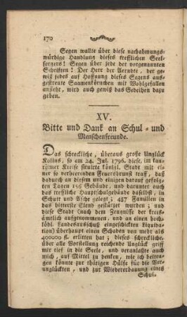 XV. Bitte und Dank an Schul- und Menschenfreunde