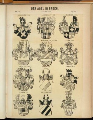Taf. 37. Lassberg. St-W. - Lassberg, Fhr. 1664. - Lassberg. verm. - Lassollaye. - Lassollaye, Fhr. 1780. - Lenz, 1738. - Lenz, Fhr. 1782. - Leonrod. - Leykam, 1750. - Leykam. Fhr. - Liebenstein. - Ligerts.