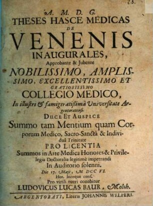 Theses hasce medicas de venenis inaugurales