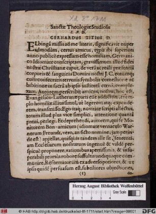 Sanctae Theologiae Studiosis S.P.D. Gerhardus Titius D. : [PP. in Acad. Iulia d. M. Aprilis 1662.]