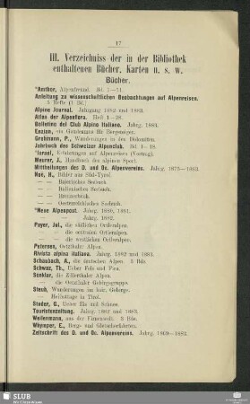 III. Verzeichniss der in der Bibliothek enthaltenen Bücher, Karten u.s.w.
