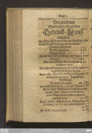 Verzeichnis Was in dieser Geistlichen Gedenck-Kunst enthalten.