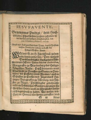 Begegnungs Predigt/ dem Hochlöblichen Churfürtlichen zu ehren gehalten/ in der Kirchen zur heiligen Dreyfaltigkeit. den 31. Octobris, Anno C. 1608.