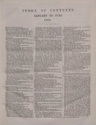INDEX OF CONTENTS JANUARY TO JUNE 1865.