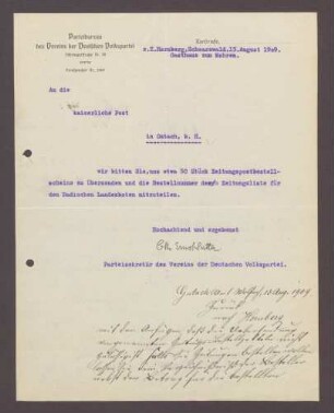 Schreiben von Otto Ernst Sutter, Parteisekretär der DVP, Hornberg, Gasthaus zum Mohren, an die Post in Gutach: Zusendung von Zeitungen und der Bestellnummer des Badischen Landesboten, 1 Schreiben