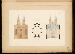 Dorfkirche mit 300 Sitzplätzen Monatskonkurrenz Januar 1865: Grundriss, Aufriss Eingangsansicht, Querschnitt (Richtung Altar); 2 Maßstabsleisten