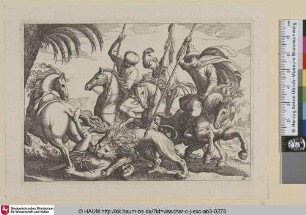 [Löwenjagd, der Löwe tötet einen Mann; Lion-Hunting, the Lion killing a Man]