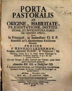 Porta Pastoralis Ab Origine, Habilitate, Praesentatione, Institutione, Et Investitura Parochi Canonice Aperta