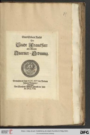 Eines Erbarn Raths Der Stadt Franckfurt am Mayn Quartier-Ordnung