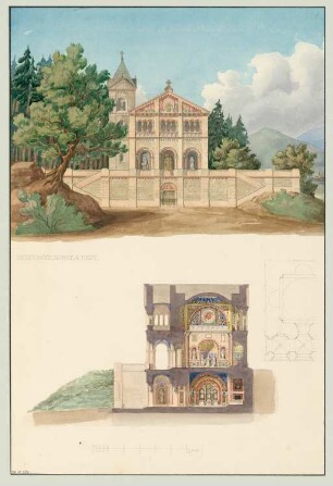Begräbniskapelle Monatskonkurrenz April 1843: Teilgrundriss Decke, Aufriss Vorderansicht, Längsschnitt; Maßstabsleiste
