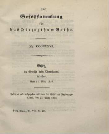 426. Gesetz, die Gewähr beim Pferdehandel betreffend; vom 11. März 1853.