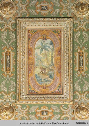 Deckendekoration des Salone Verde : Landschaft mit Palmen und Tiger