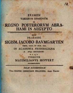 Examen Variarvm Opinionvm De Regno Posterorvm Abrahami In Aegypto