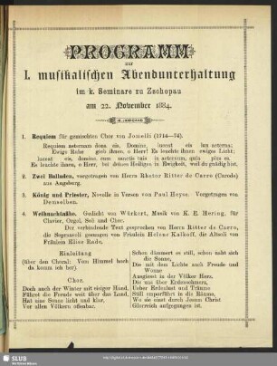 Programm zur I. musikalischen Abendunterhaltung im k. Seminare zu Zschopau den 22. November 1884