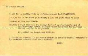 Gesuch von Albert Speer an die Gefängnisverwaltung in Nürnberg zu einer Konsultation mit einem Rechtsanwalt (in englischer Sprache)