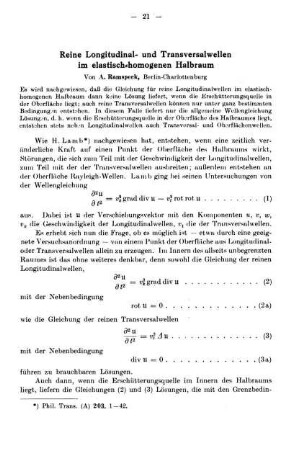 Reine Longitudinal- und Transversalwellen im elastisch-homogenen Halbraum