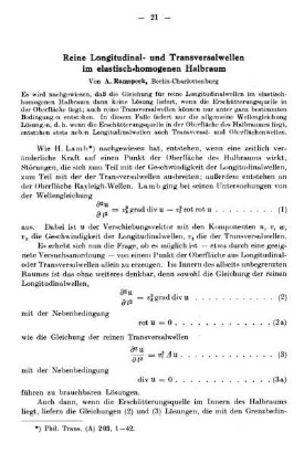 Reine Longitudinal- und Transversalwellen im elastisch-homogenen Halbraum