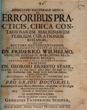 Dissertatio Inauguralis Medica De Erroribus Practicis, Circa Contagiosarum Malignarum Febrium Curationem Evitandis
