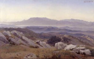 "Italienische Landschaft" - Blick gegen Süden von der Serpentara über das Saccotal auf die Volskerberge mit dem Monte della Pera, in der Mitte Paliano, rechts Olevano