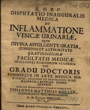 Disputatio Inauguralis Medica De Inflammatione Vesicae Urinariae