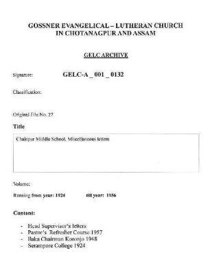 Chainpur Middle School Miscellaneous Letters