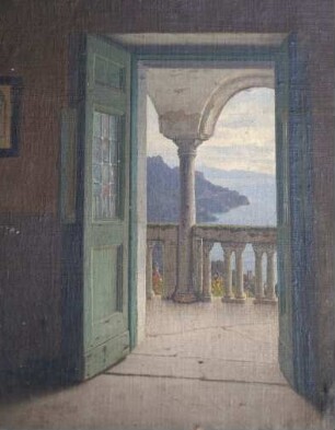 Blick aus einer geöffneten Balkontür auf Felsen und Meer