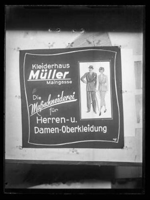 Werbung des Kleiderhauses Müller Maingasse, die Maßschneiderei für Herren- und Damen-Oberbekleidung