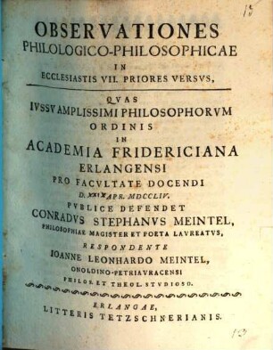 Observationes Philologico-Philosophicae In Ecclesiastis VII. Priores Versvs