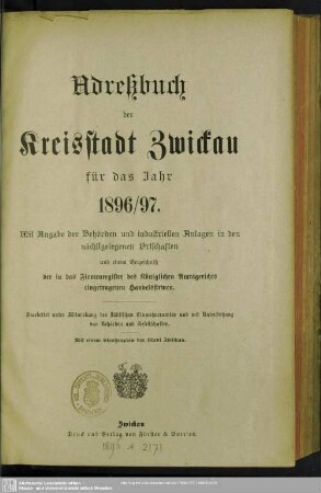 1896/97(1896): Adreßbuch der Kreisstadt Zwickau