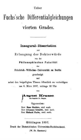 Ueber Fuchs'sche Differentialgelichungen vierten Grades