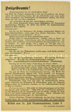 Aufruf der Revolutionären Jungarbeiter an Polizisten zur Wahl der KPD in den Reichstag am 31. Juli 1932